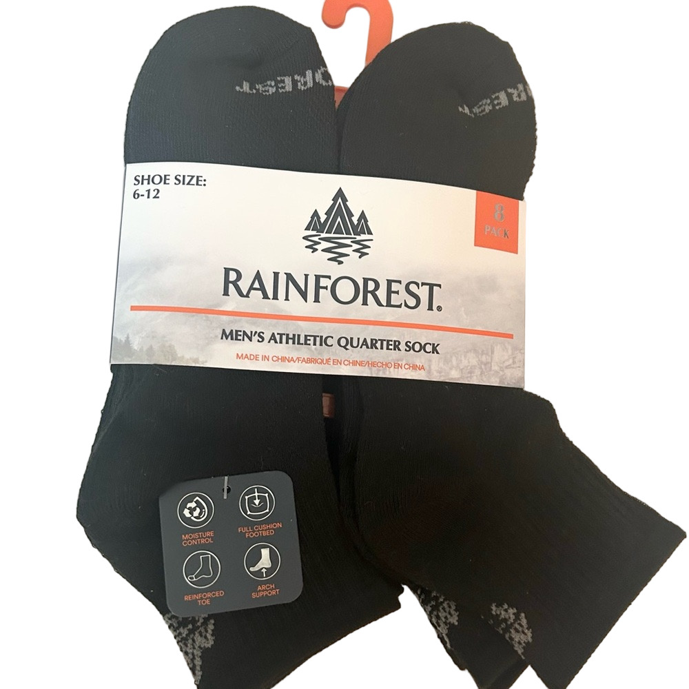 Rainforest Men’s Athletic Quarter Sock 6 Pairs Black Shoe Size 6-12 NWT